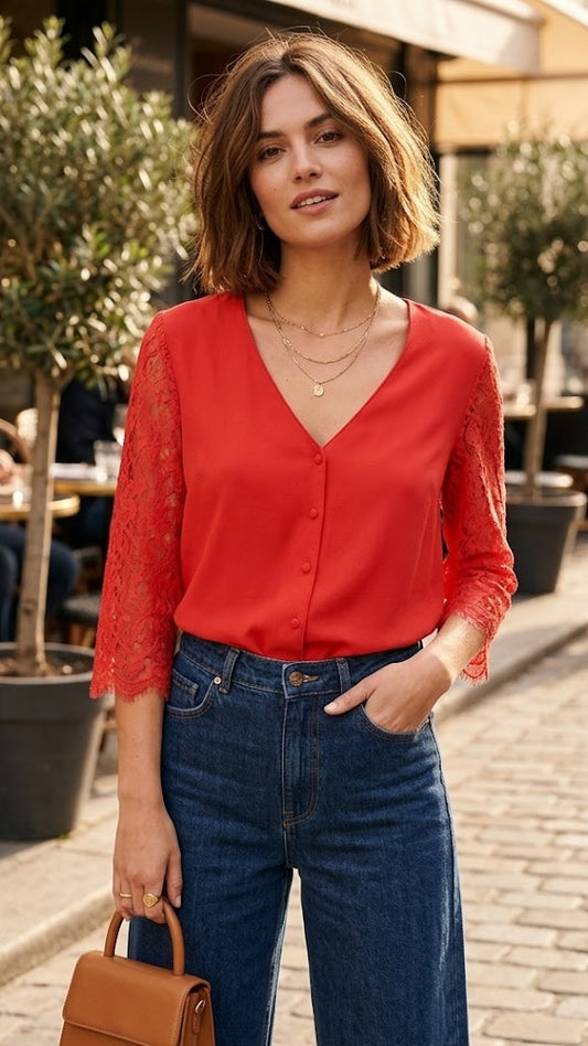 Réf 0049 - Seconde main - Blouse manches 3/4 en dentelle corail Promod Taille 40