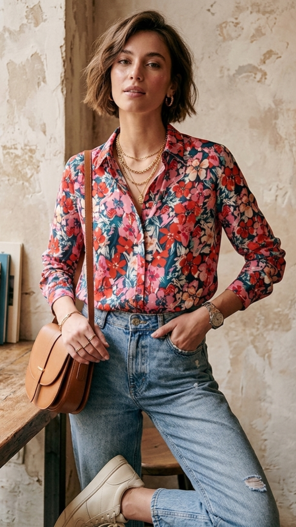 Réf 0062 - Neuf sans étiquette - Chemise manches longues fleurie Emma&Ella taille S