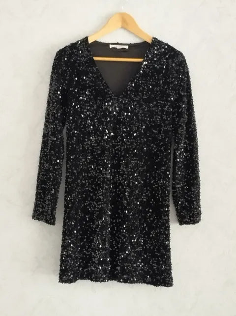 Réf 0082 - Seconde main - Robe manches longues noir paillettes Maëlle taille S/M